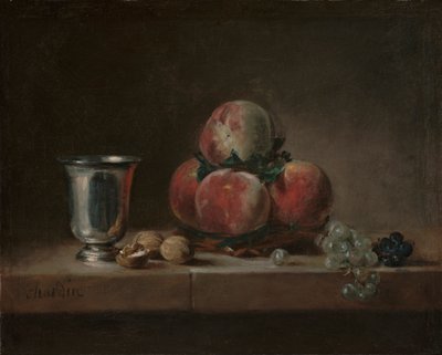 Natureza morta com pêssegos, um cálice de prata, uvas e nozes, c.1759-60 (óleo sobre tela) de Jean Baptiste Simeon Chardin