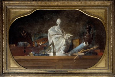 Os atributos da Alegoria das Artes com ferramentas de escultor, estatueta. Pintura de Jean Baptiste Simeon Chardin (1699-1779) 1765 Sol. 0,91x1,45 m de Jean Baptiste Simeon Chardin