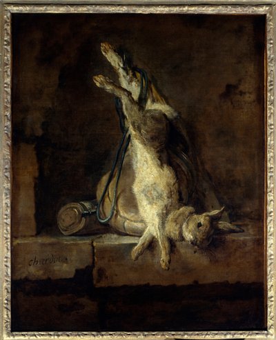 O coelho morto e o equipamento de caça Pintura de Jean Baptiste Simeon Chardin (1699-1779) Sol do século XVIII. 0,81x0,65 m Paris, Musee du Louvre. de Jean-Baptiste Simeon Chardin