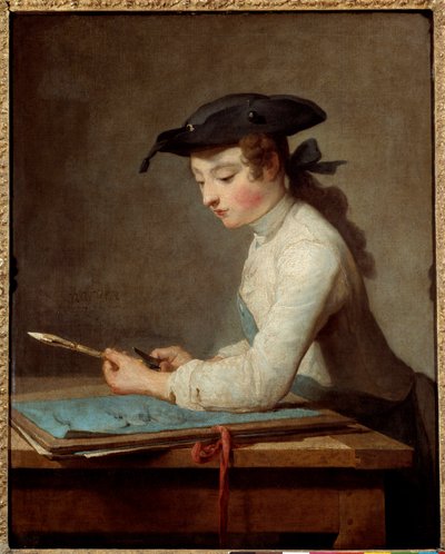 Um jovem caricaturista a esculpir o seu lápis. Pintura de Jean Baptiste Simeon Chardin (1699-1779) de Jean Baptiste Simeon Chardin