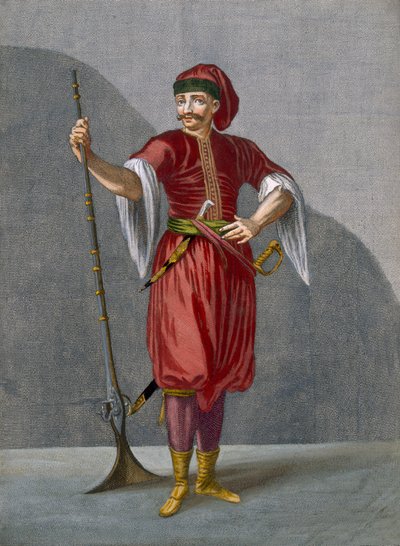 Um soldado albanês, placa 78 de "Coleção de cem impressões representando as diferentes nações do Levante" por Charles de Ferriol, gravada por Gerard Scotin (1671-1716), 1707-08 de Jean Baptiste Vanmour