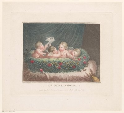 Quatro putti com duas pombas em uma cesta de rosas em um travesseiro Le Nid d