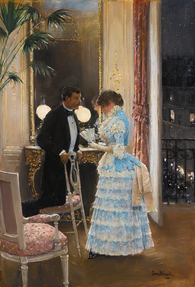 Uma conversa por Beraud, Jean (1849-1936). Óleo sobre tela, tamanho : 55,9x39,3, , Colecção Privada de Jean Beraud