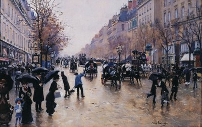Boulevard Poissonière à chuva, ca. 1880 (óleo sobre tela) de Jean Beraud