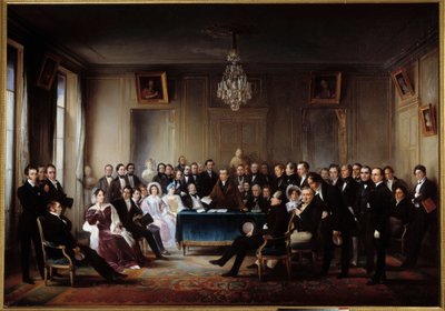 O poeta e dramaturgo François Guillaume Andrieux lendo sua tragédia Junius Brutus "no foyer da Comédia Francaise em 26/05/1828" Entre os presentes Alexandre Dumas, Pierre Nicolas Michelot, Jean Francois Becquerel, Firmin, Victor Hugo, Eugene de Jean Beraud