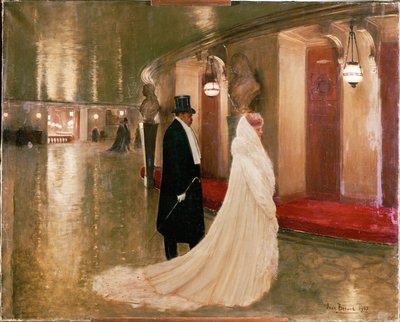 Os assinantes - um casal elegante a entrar num camarote na Ópera de Paris (óleo sobre tela) de Jean Beraud
