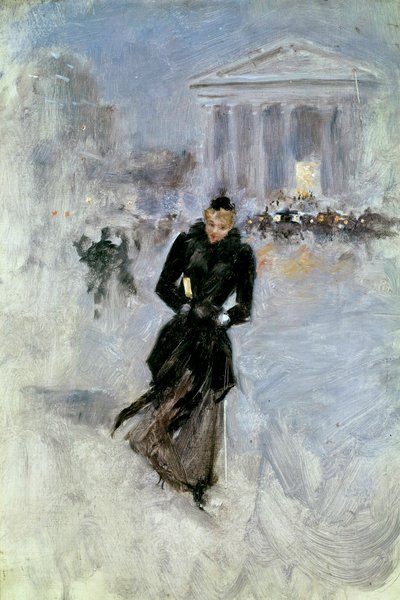 Jovem mulher elegante na jibóia da rue Royale em Paris Pintura de Jean Beraud (1849-1935) Tours do século XX, Musee des Beaux Arts de Jean Beraud