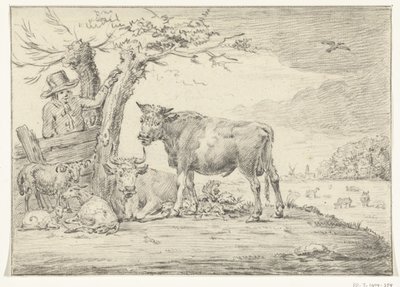Agricultor de pé por uma cerca com gado de Jean Bernard