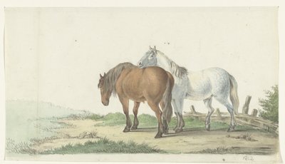 Um cavalo marrom e branco em uma estrada ao lado de uma cerca de Jean Bernard