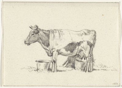 Vaca em pé, com balde de leite e fezes de leite de Jean Bernard