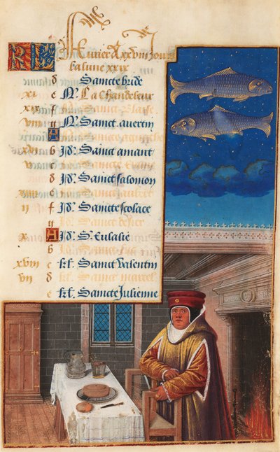 Horas de Luís XII (anteriormente Horas de Henrique VII), Folha de calendário para o mês de fevereiro, c.1490-1510 (têmpera sobre velino) de Jean Bourdichon