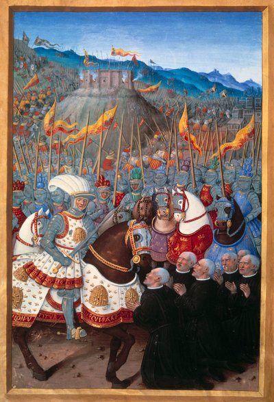 Luís XII (1462-1515) recebeu seis burgueses de Genes ajoelhados (25 de Abril de 1507). Miniatura de Jean Bourdichon (1457? - 1521) em "Voyage de Genes" (Folio 20v) escrito por Jean Marot, v.1508. Paris, B N de Jean Bourdichon