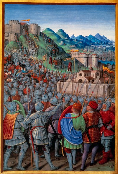 Os Genois atacaram a guarda de Castellacio de Genes pelos franceses (12 de Março de 1507). Miniatura de Jean Bourdichon (1457? - 1521) em "Voyage de Genes" (Folio 20v) escrito por Jean Marot, v.1508. Paris, NL de Jean Bourdichon