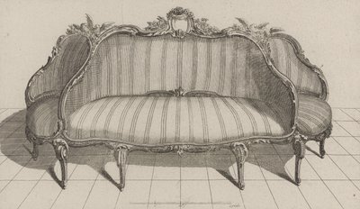 Canapé à Jouë dans le gout Pictoresque, publicado em meados da década de 1770 (gravura em papel vegetal) de Jean Charles (after) Delafosse