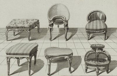 Tabourets, Bidets de Toilette, Marchepied, publicado em meados da década de 1770 (gravura em papel vegetal) de Jean Charles (after) Delafosse