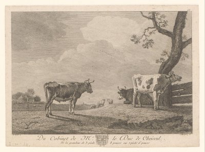 Três vacas em um prado Obras da coleção de Étienne François de Choiseul (título da série) Du gabinete do sr. le Duc de Choiseul (título da série no objeto) de Jean Charles Baquoy