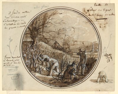 Desenho, Projeto de um Prato de Porcelana Pintada, Corte e Trabalho na Vinha, 1819-20 de Jean Charles Develly