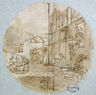 Oficina do Mason, design de placa para um serviço que descreve diferentes ofícios, c.1820-35 (caneta e tinta e lavagem e guache sobre papel) de Jean Charles Develly