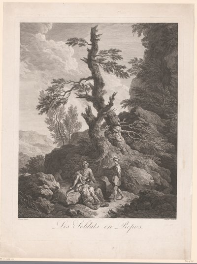 Soldados descansando em frente a uma árvore em uma paisagem rochosa Les soldats en repos (título no objeto) de Jean Charles Levasseur