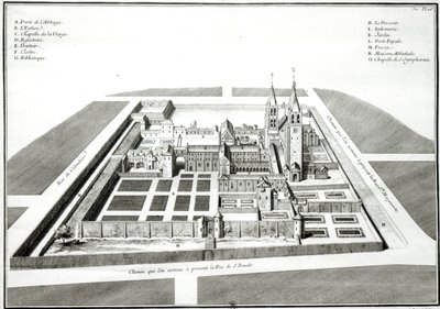 Vista da Abadia de Saint-Germain-des-Pres antes de 1640, gravada por Antoine Herisset (1685-1769) de Jean Chaufourier