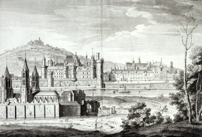 Vista da Abadia de Saint-Germain-des-Prés, o Louvre, Petit Bourbon, Montmartre e o Sena em 1410, gravada por Antoine Herisset (1685-1769) de Jean Chaufourier