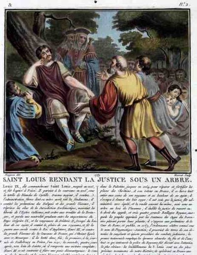 Saint Louis (1215-70) Renders Justice Under a Tree, gravada por Jean Baptiste Morret (fl. 1790-1820) 1789 (gravura colorida) de Jean Claude (after) Naigeon