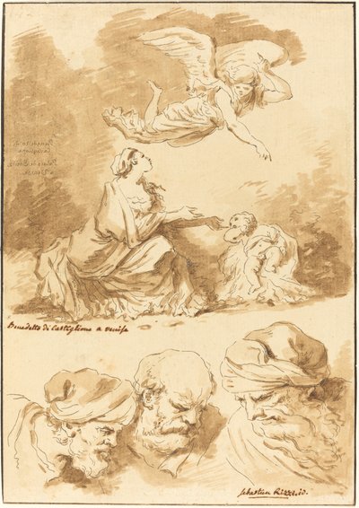 Hagar consolada por um anjo (de uma pintura de Castiglione) e Três Cabeças de Velhos (de uma pintura de Ricci de Jesus e a Adúltera) de Jean Claude Richard de Saint Non after Jean Honoré Fragonard