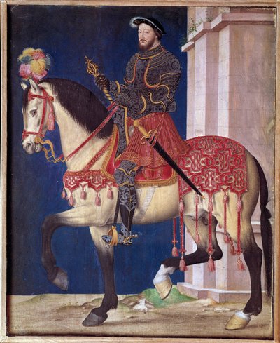 Retrato equestre de François I (1494-1547). Pintura da escola de Jean Clouet (1475/1485-1540) de Jean Clouet
