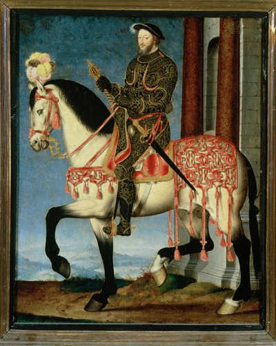 Retrato equestre de François I de França ... (pintura sobre tela) de Jean Clouet