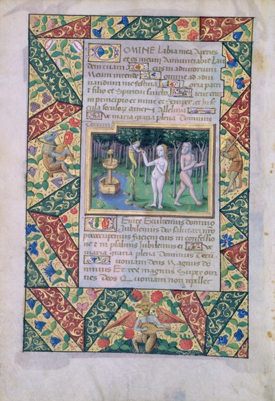 Senhora Lat. Qv126 fol.12v A tentação no Jardim do Éden, do Livro de Horas de Louis d&39;Orleans, 1490 de Jean Colombe