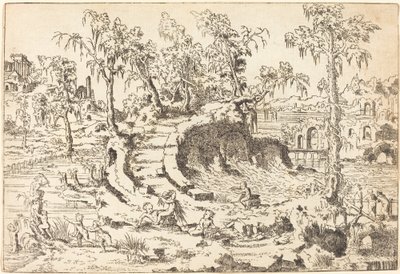 Putti jogando em uma paisagem fantasiosa de Jean Cousin the Younger