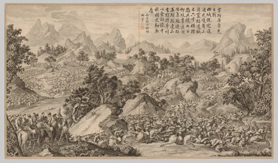 Batalha em Heshi Kuluke: das cenas de batalha do combate às rebeliões ..., c. 1765-1774, data do poema de Jean Damascene Sallusti