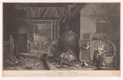 Interior de uma quinta La Ménagere Flamande (título no objeto) de Jean Daullé