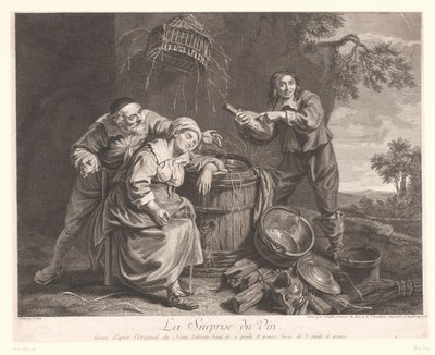 Mulher a dormir ao pé de um barril com copo de vinho na mão
La Surprise du Vin. (título sobre o objecto)
Impressões após Le Nain (título da série) de Jean Daullé