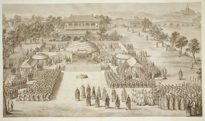 O Imperador Qianlong Recebe a Homenagem da Placa 2 Conquistada Eleuths (Tártaro Kalmucks) de uma série de gravuras representando as conquistas do Imperador da China, gravadas por Jacques Philippe Le de Jean Denis Attiret