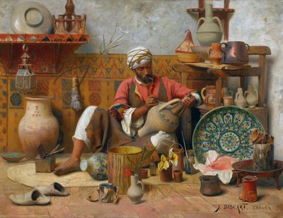 Um estúdio de olaria, Tanger - Jean Discart (1856-1944). Óleo sobre madeira Dimensão : 35&545,5 cm Colecção Privada de Jean Discart