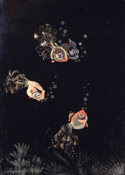 Um painel laqueado de Jean Dunand, retratando uma cena subaquática com peixes vermelhos e dourados soprando bolhas de ar de Jean Dunand