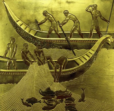Um painel laqueado representando pescadores puxando suas redes de Jean Dunand