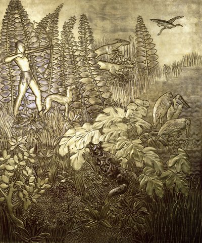 A caçada; La Chasse, c. 1934 (madeira dourada e lacada) de Jean Dunand