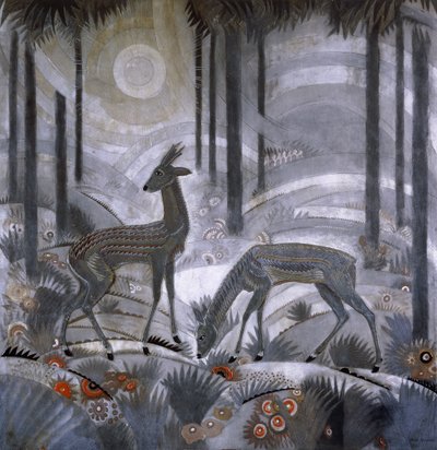 Dois cervos em uma floresta, c.1929 (painel de madeira laqueada) de Jean Dunand