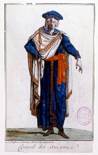 Ilustração representando o uniforme de um membro do Directoire, Diretório de Jean Duplessi-Bertaux