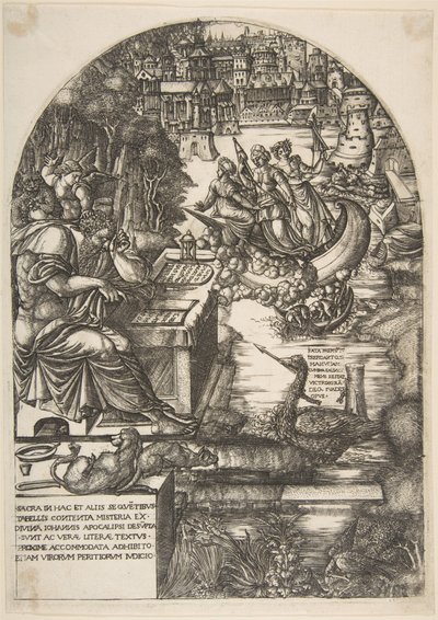 O artista Jean Duvet, disfarçado de São João Evangelista, sentado em uma mesa, ca. 1546-55. de Jean Duvet