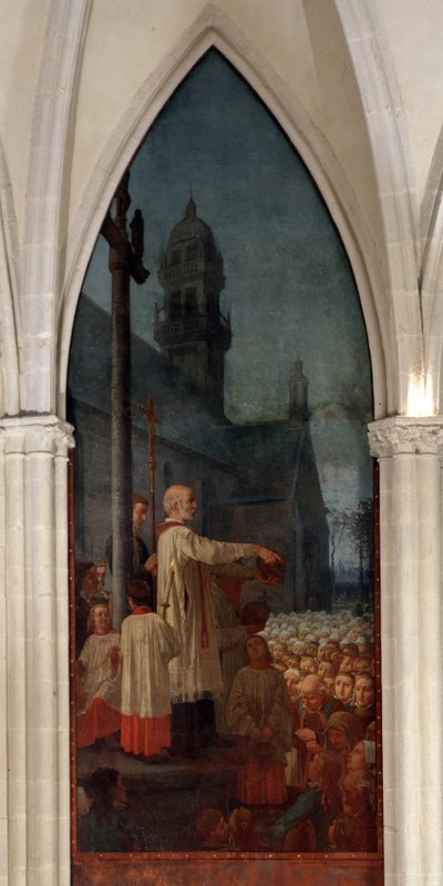 Pregação de Michel le Nobletz (1577-1652) no exterior de uma igreja na Bretanha - Fresco, Catedral de Saint Corentin (Saint-Corentin), Quimper de Jean Edouard Dargent