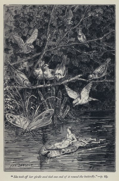 "Ela tirou a cinta e amarrou uma ponta dela à volta da borboleta" (gravura) de Jean Edouard Dargent