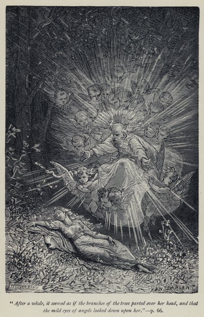 "Depois de um tempo, parecia que os ramos das árvores se separavam sobre a sua cabeça, e que os olhos suaves dos anjos a olhavam para baixo" (gravura) de Jean Edouard Dargent