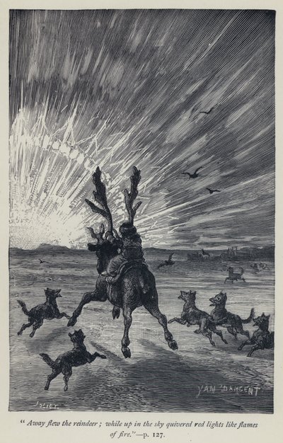"Away flyer the rendeer, while up in the sky quivered red lights like flames of fire" (gravura) de Jean Edouard Dargent