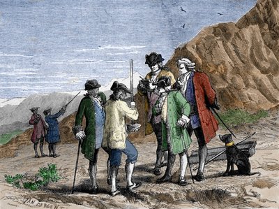 Florin Perier medindo a altura do Barômetro (tubo de mercúrio) do Evangelista Torricelli ou Toricelli durante a experiência sobre a gravidade do ar de Blaise Pascal, no topo do Puy de Dome (1648). Gravação por Yan Dargent. de Jean Edouard Dargent