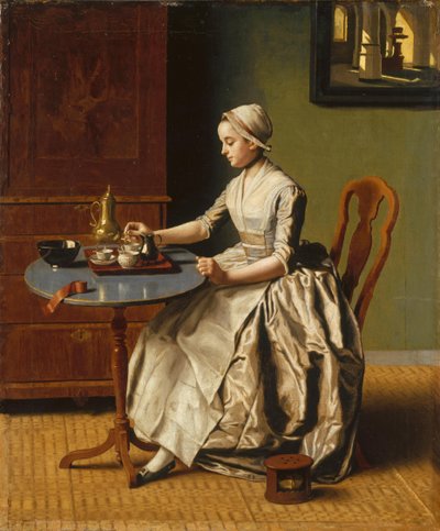 Uma Dama derramando Chocolate La Chocolatière, c. 1745 de Jean Étienne Liotard