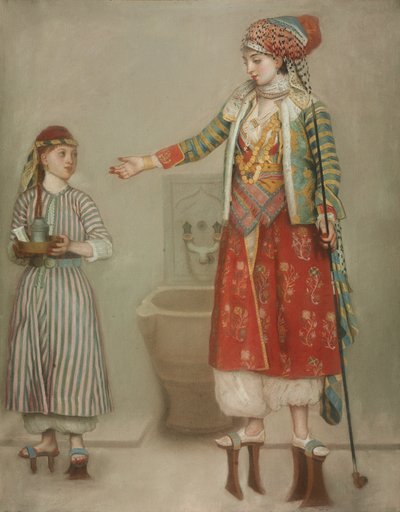 Uma dama em traje turco com seu criado no hammam, meados do século XVIII. de Jean Étienne Liotard