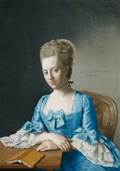 Retrato de Grace, condessa de Clanbrassil, nee Foley, metade do comprimento, em um vestido azul, sentado à mesa, com as mãos cruzadas, 1774 de Jean Étienne Liotard